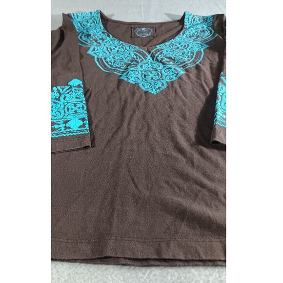 Pink Cattlelac Brown Embroidered Boho Peasant Top Sz S Southwest Western - Picture 2 of 6